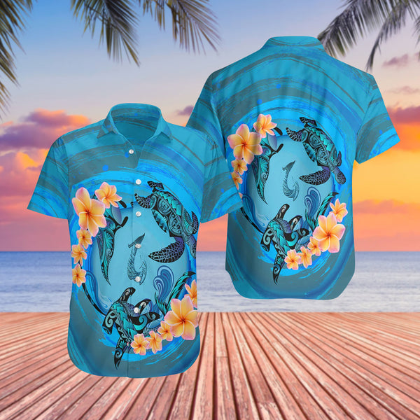 Marquesas Islands Blue Plumeria Animal Tattoo Cool Design - Aloha Hawaiian Shirts For Men