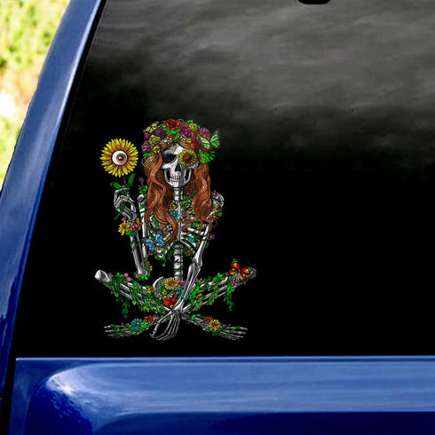 Halloween Hippie Sunflower Girl Skeleton Transparent Vinyl Decal - Waterproof - PVC Vinyl - TDCA1006