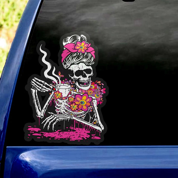 Halloween Spooky Skeleton Coffee Messy Bun Transparent Vinyl Decal - Waterproof - PVC Vinyl - TDCA1000