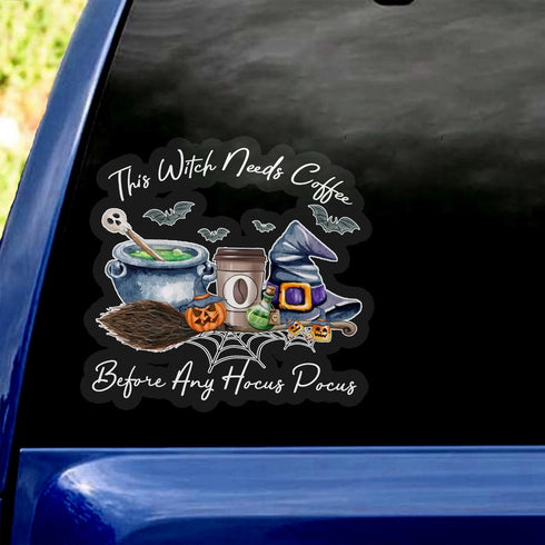 Halloween This Witch Needs Coffee Before Any Hocus Pocus Transparent Vinyl Decal - Waterproof - PVC Vinyl - TDCA1008