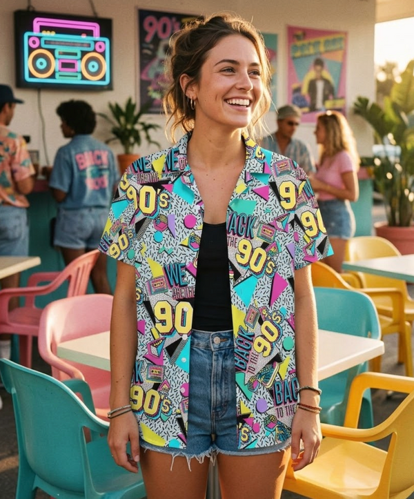 Woman wearing a colorful '90s-themed shirt in a casual outdoor setting.