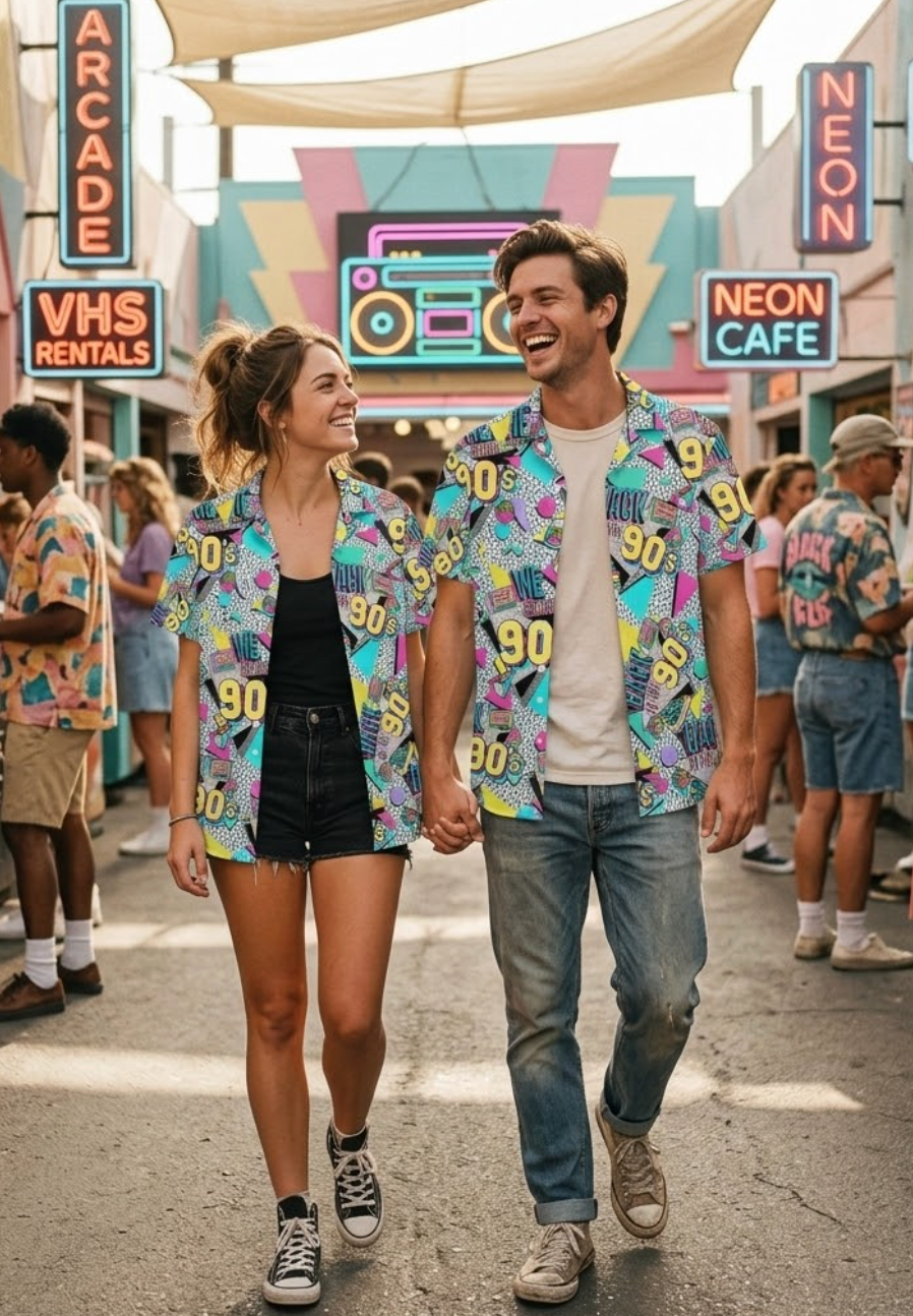 Two people in colorful '90s-themed shirts walking together in a vibrant, retro-themed street.
