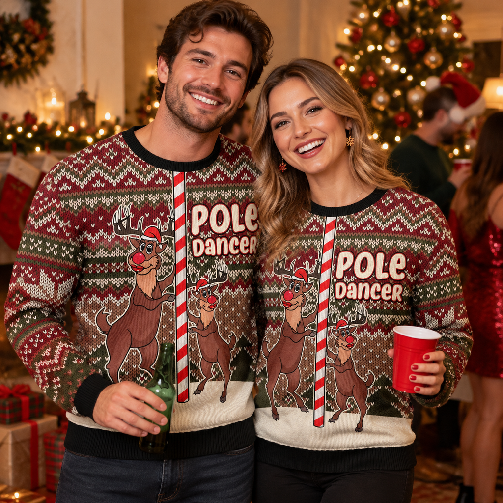 Funny Reindeer Ugly Christmas Sweater | Candy Cane Pole Gag Gift for Couples