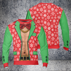 A Christmas-themed novelty jacket shown from both front and back views. The jacket features a red body and sleeves with white snowflakes, bright green sleeves, a red bow tie, and a gold chain detail on the front.