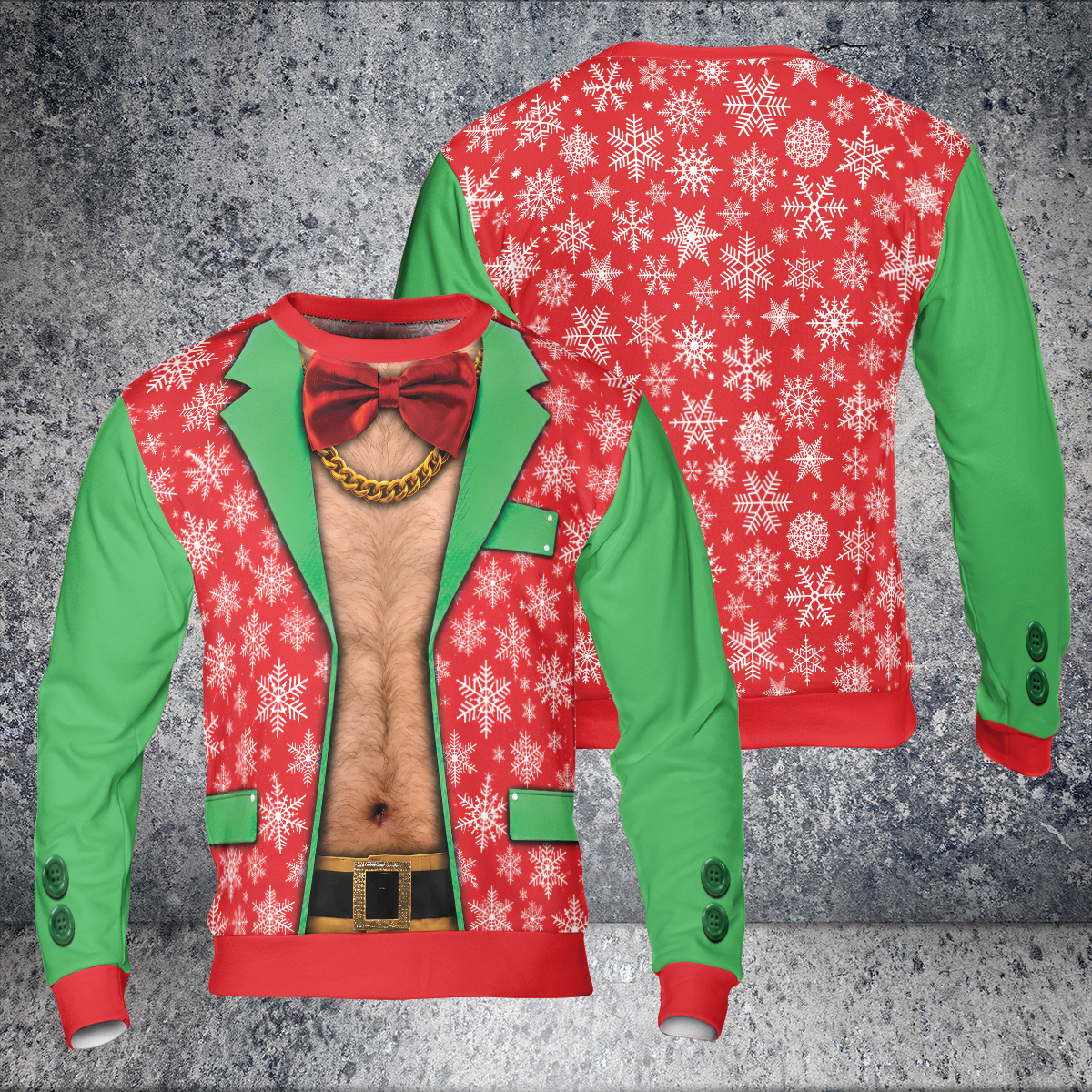 A Christmas-themed novelty jacket shown from both front and back views. The jacket features a red body and sleeves with white snowflakes, bright green sleeves, a red bow tie, and a gold chain detail on the front.