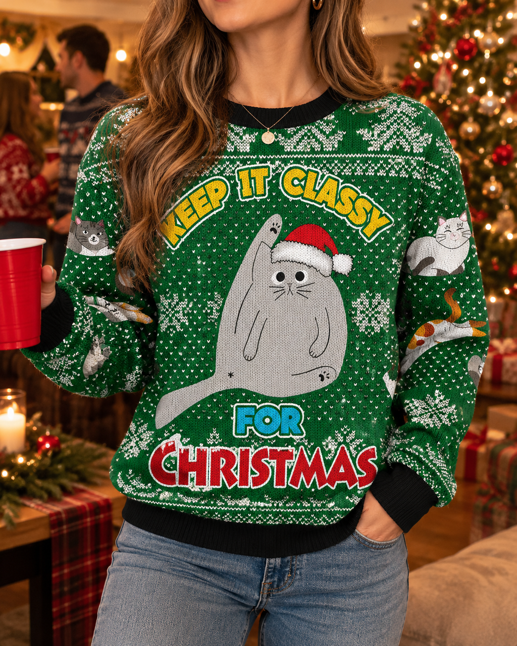 Funny Cat Ugly Christmas Sweater | Keep It Classy Sassy Cat Gift for Cat Lovers