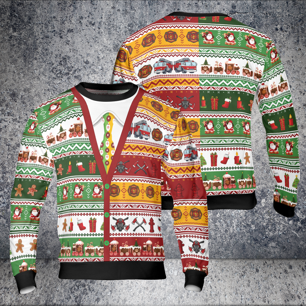 A festive zip-up cardigan sweater shown from both front and back on a textured gray background. The sweater features a busy Christmas holiday theme with red, green, yellow, and white patterns including Santa Claus, snowman, Christmas trees, sleighs, and holiday icons.