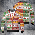 A festive zip-up cardigan sweater shown from both front and back on a textured gray background. The sweater features a busy Christmas holiday theme with red, green, yellow, and white patterns including Santa Claus, snowman, Christmas trees, sleighs, and holiday icons.