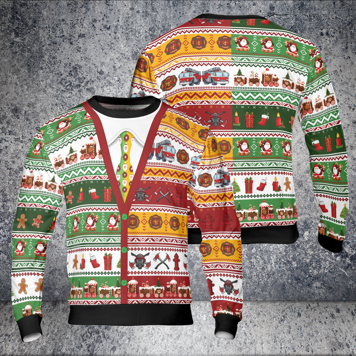 A festive zip-up cardigan sweater shown from both front and back on a textured gray background. The sweater features a busy Christmas holiday theme with red, green, yellow, and white patterns including Santa Claus, snowman, Christmas trees, sleighs, and holiday icons.