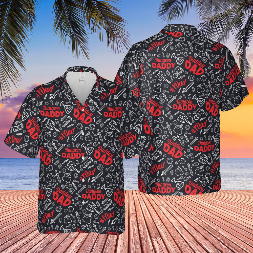 Aloha Hawaiian shirt for men with a 'Daddy' text pattern spread across the front and back. The shirt is predominantly black with red and white text, and it features a short sleeve design.