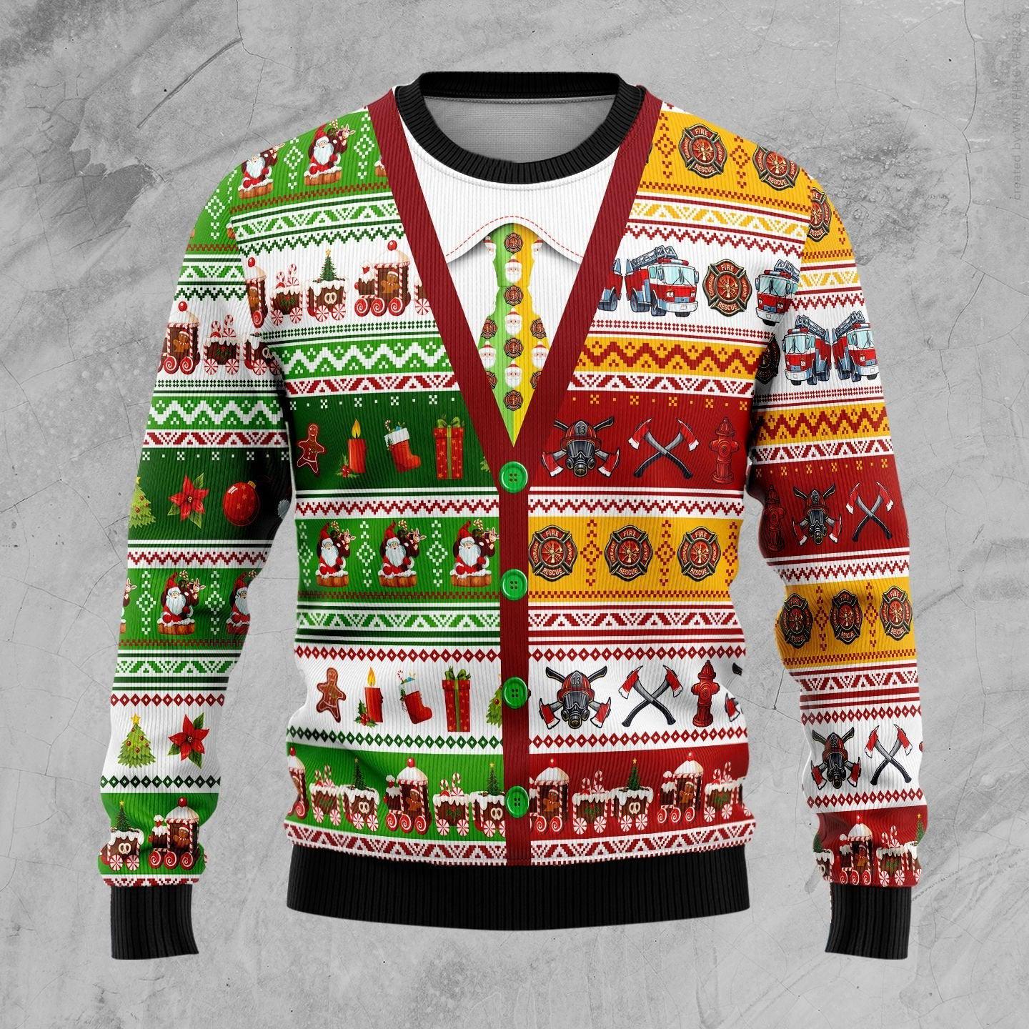 Cardigan Style Firefighter Ugly Christmas Sweater For Women & Men - Christmas Gift