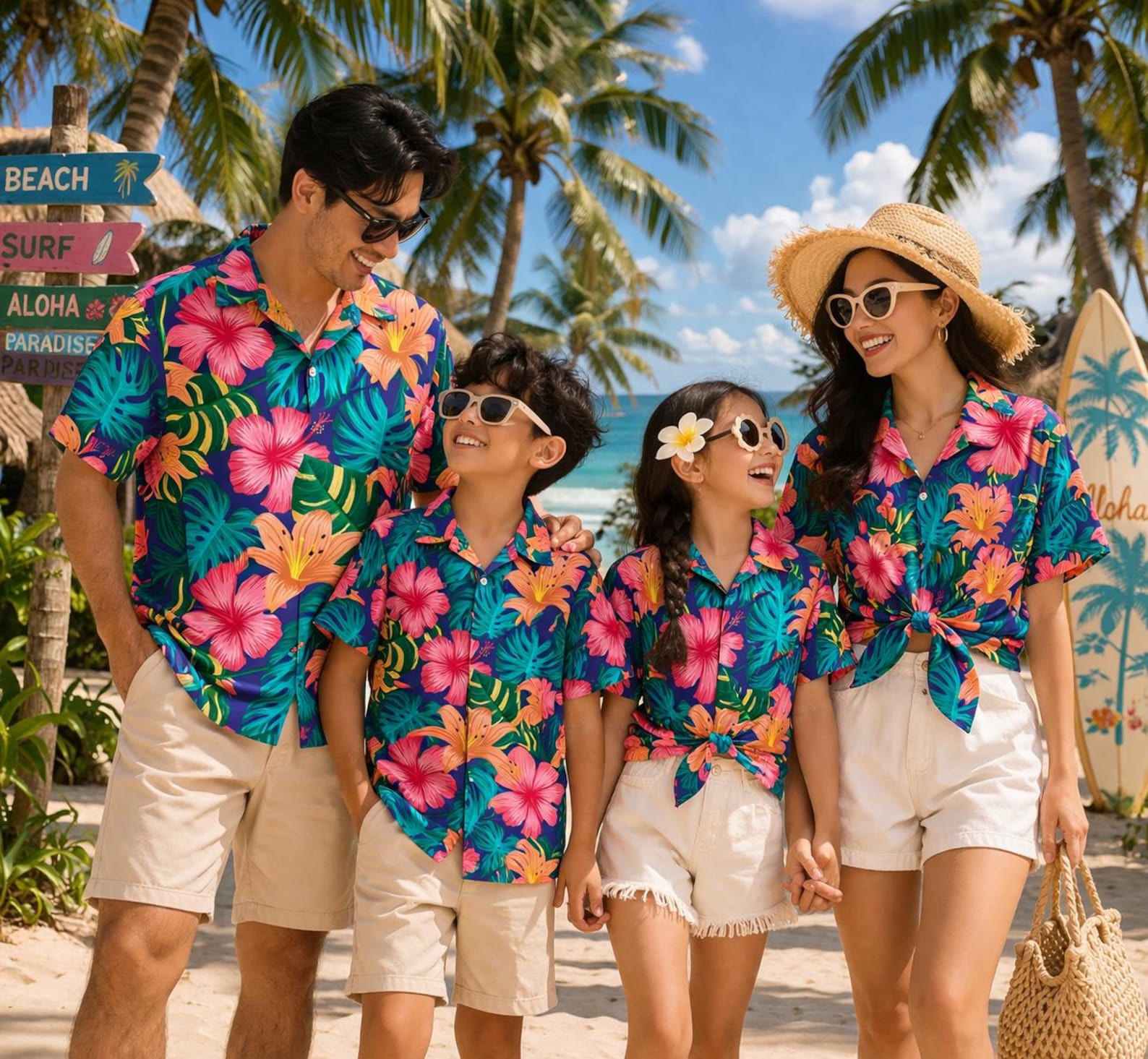 Family Matching Hawaiian Shirts Tropical Waves| Hawaii Beach Floral Matching Outfits Mom Dad Kids