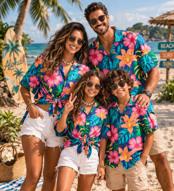 Family Matching Hawaiian Shirts Tropical Waves| Hawaii Beach Floral Matching Outfits Mom Dad Kids