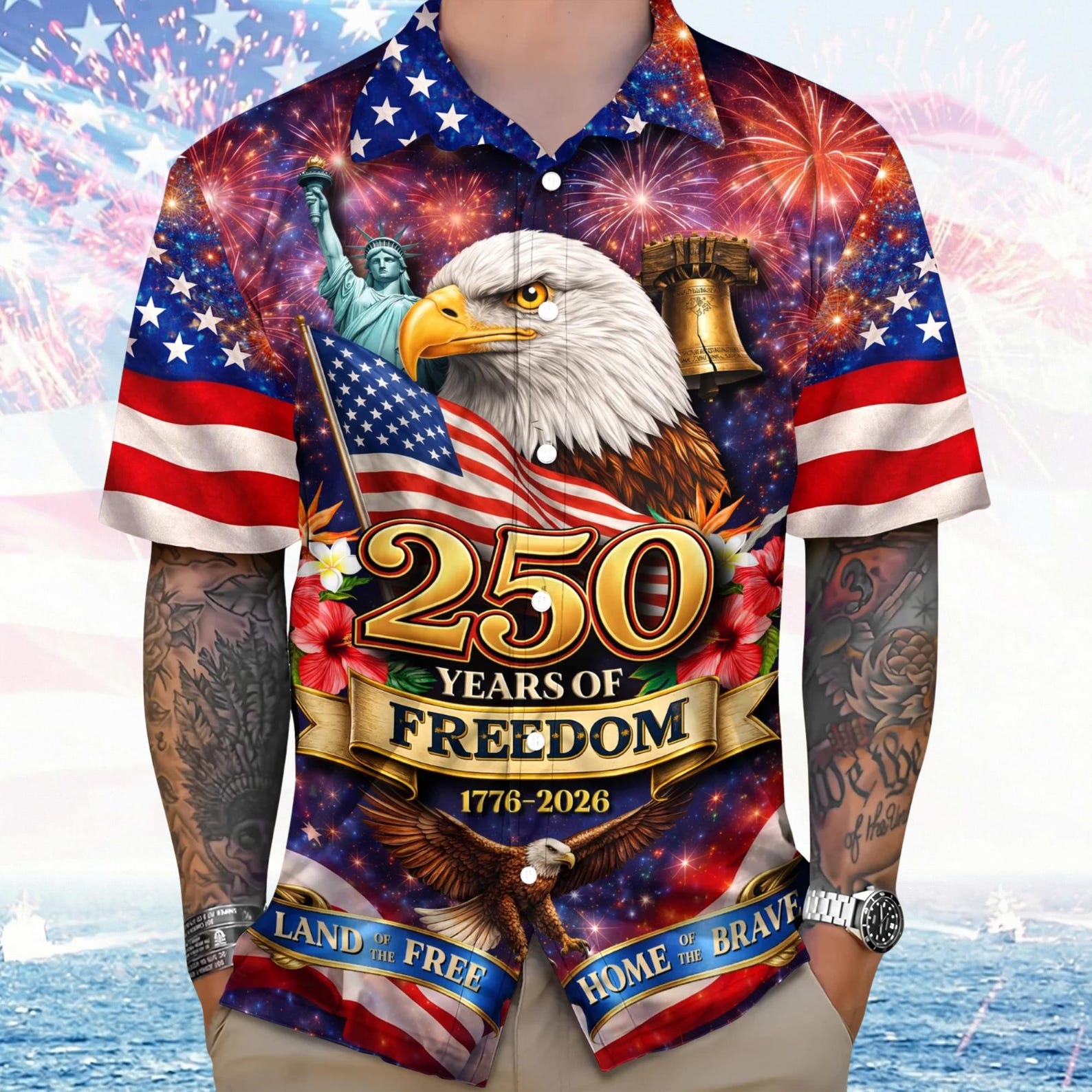 Freedom 250th Patriotic Hawaiian Shirt | American History Button Down Gift for Dad