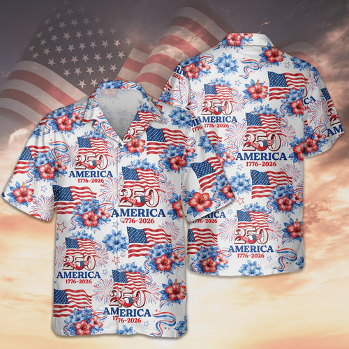 Hawaiian shirt with American flag and floral design on a blurred flag background