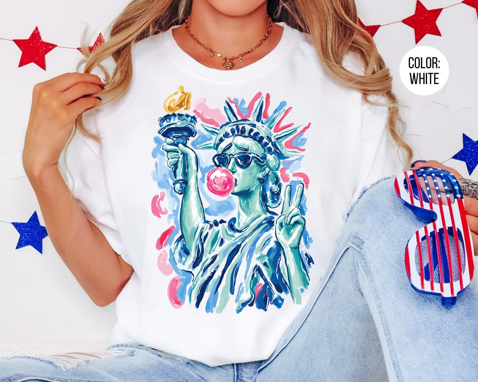Preppy Statue of Liberty Blowing Bubble Gum 4th of July Shirt