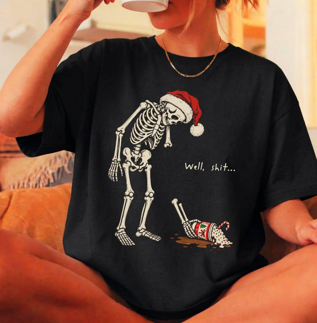 Funny Skeleton Christmas Shirt | Spilled Coffee Santa Hat Relatable Gift