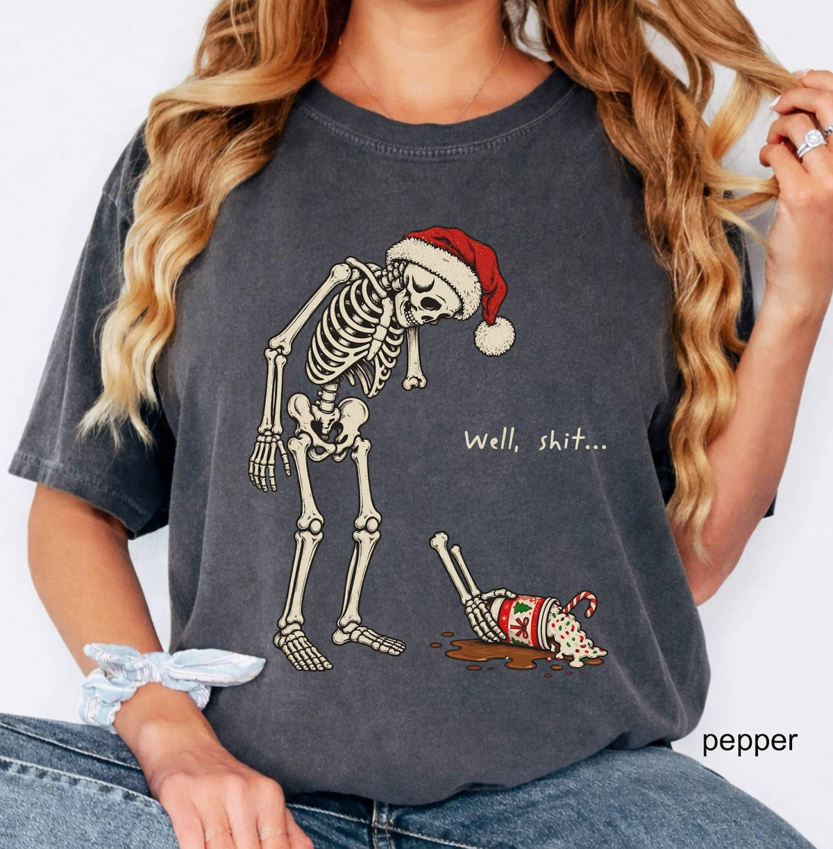 Funny Skeleton Christmas Shirt | Spilled Coffee Santa Hat Relatable Gift