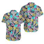 A colorful Hawaiian shirt featuring text and designs related to the 1990s.