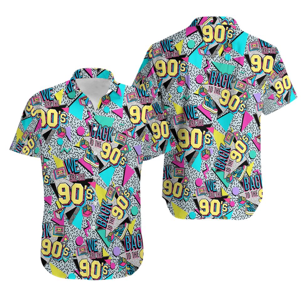A colorful Hawaiian shirt featuring text and designs related to the 1990s.