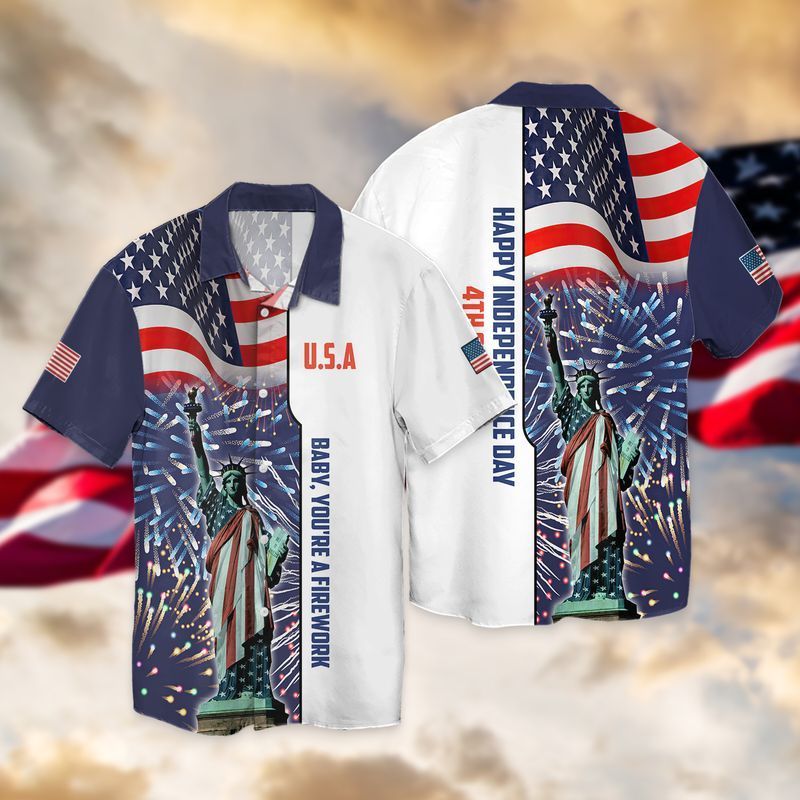 Aloha Hawaiian shirt with a 4th of July American flag theme, featuring the Statue of Liberty and celebration-related graphics on a white background with a blue and red sky.