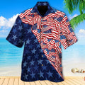 A Hawaiian shirt with a geometric pattern featuring stars and stripes in blue, red, and white colors, displayed against a tropical background with palm trees and a clear blue sky.