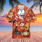 A colorful Hawaiian-style shirt with a food and kitchen theme, featuring a cartoon chef and various kitchen items on a tropical background.