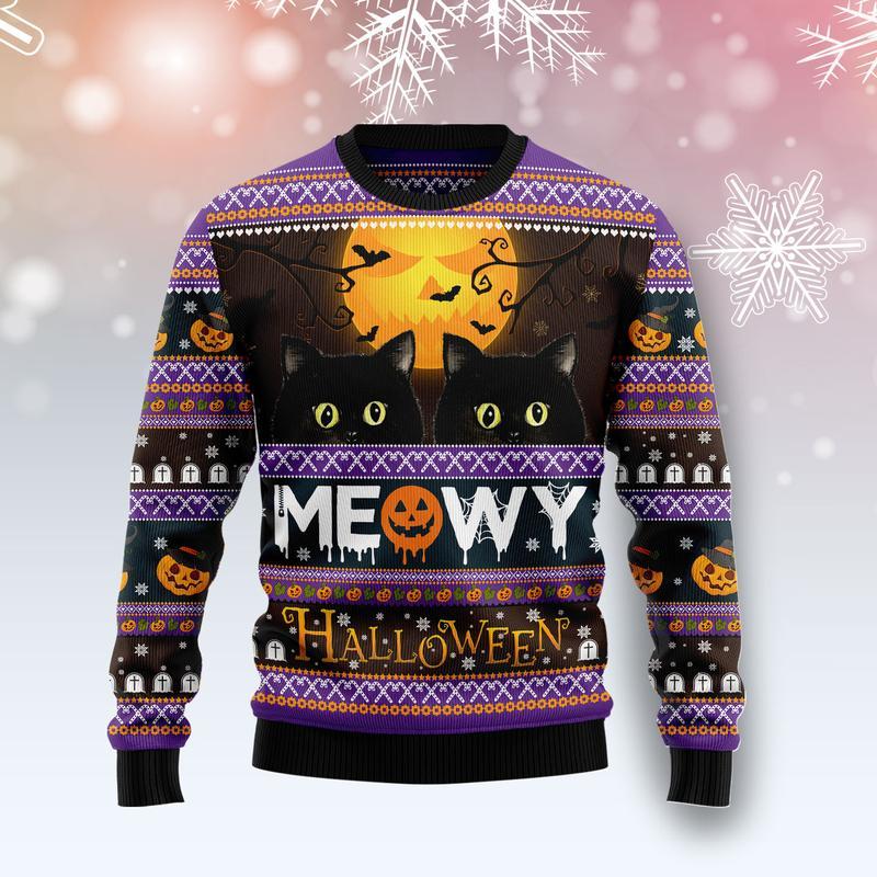 Halloween Black Cat Meowy Ugly Christmas Sweater For Men & Women Adult - Christmas Gifts