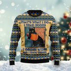 Black Cat Read Books Drink Wine Know Things Ugly Christmas Sweater For Women & Men - Adult - Gift for Cat Lovers