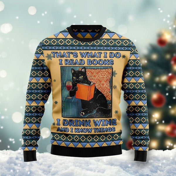 Black Cat Read Books Drink Wine Know Things Ugly Christmas Sweater For Women & Men - Adult - Gift for Cat Lovers