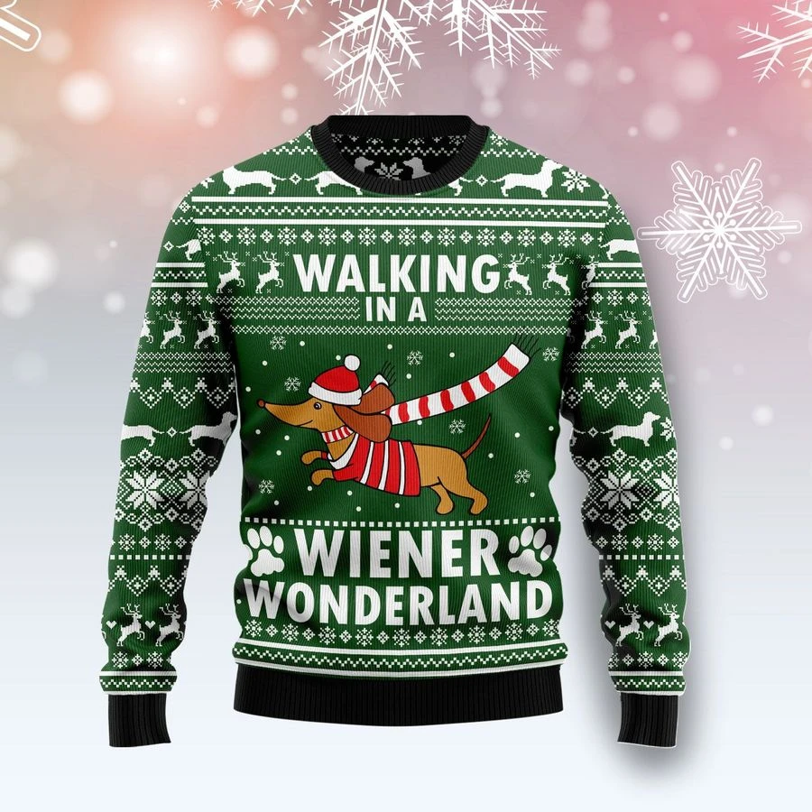 Dog Lover Walking In A Wiener Wonderland Funny Ugly Christmas Sweater For Men & Women Adult - Christmas Gifts