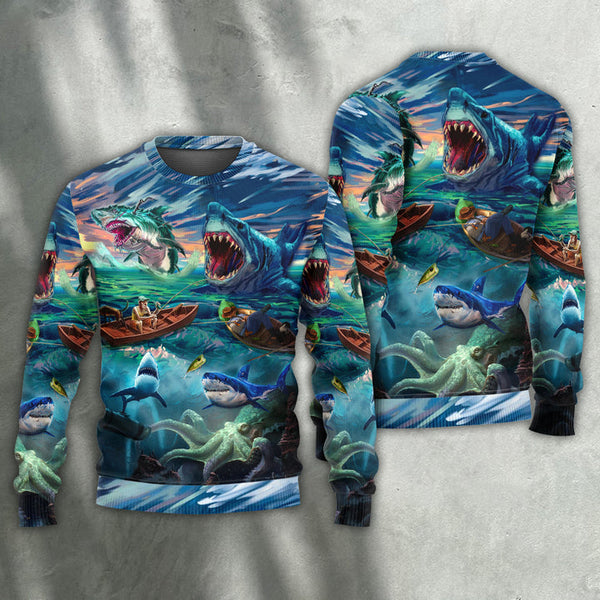 Fishing Shark Crazy Ugly Christmas Sweater For Women & Men - Adult - Couples - Gift for Fishing Lovers