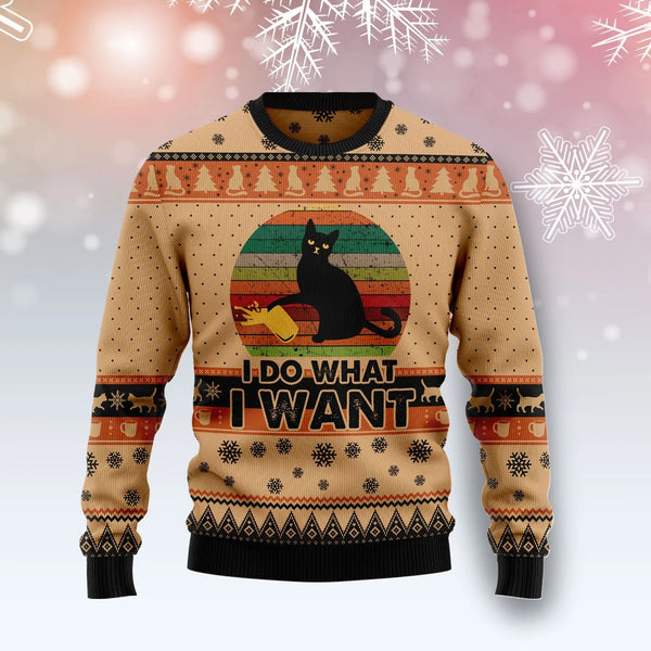 I Do What A Want Black Cat Funny Ugly Christmas Sweater For Women & Men - Adult - Gift for Cat Lovers