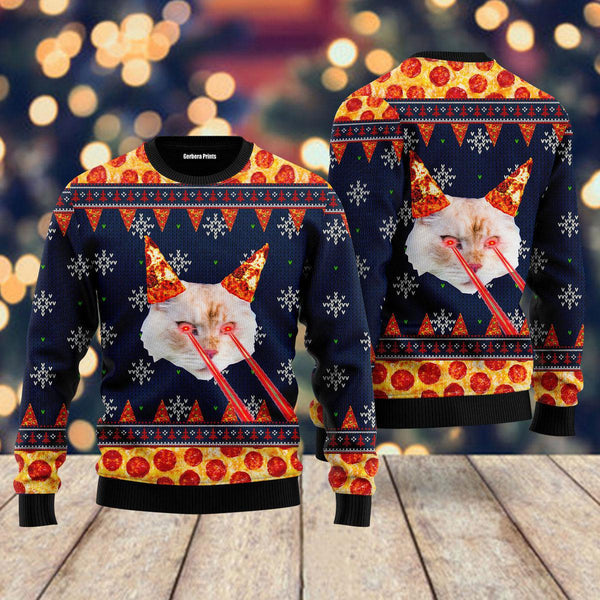 Pizza Cat With Laser Eyes Unisex Ugly Sweater - colorful