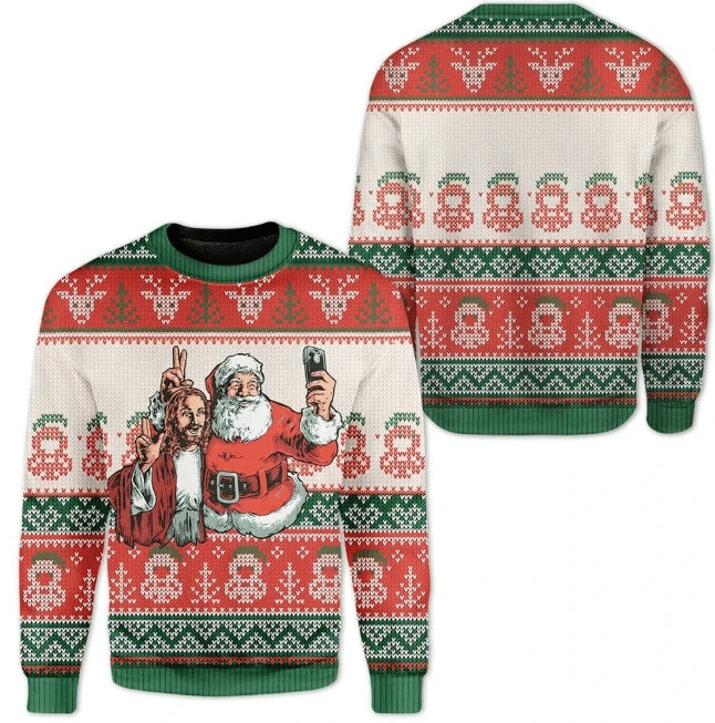 Funny Santa and Jesus Merry Christmas Ugly Christmas Sweater For Men & Women Adult - Christmas Gifts