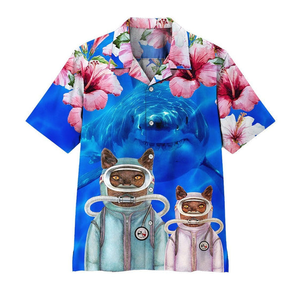 Scuba Diving Cats With Shark Behind Cool Design - Aloha Hawaiian Shirts For Men & For Women Couples - Gift for Cat Lovers
