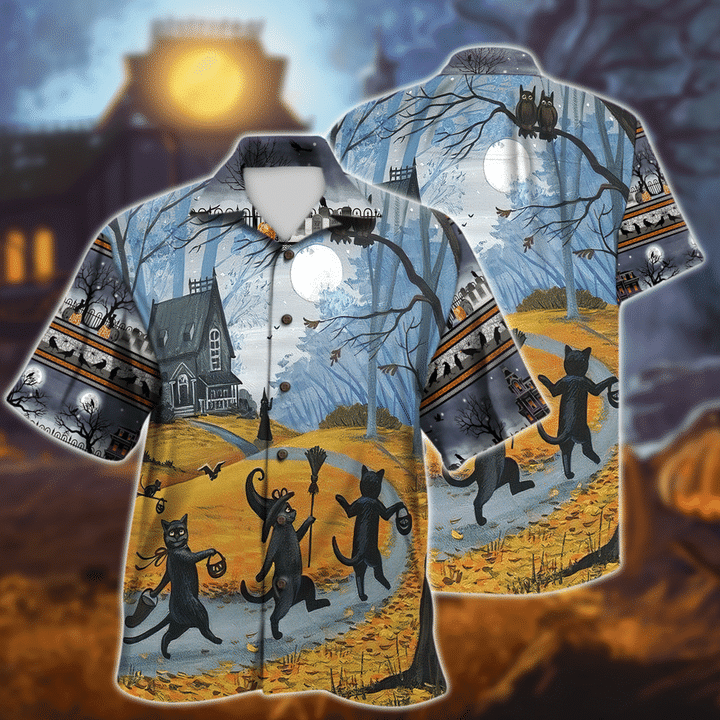 Halloween Black Cats- Aloha Hawaiian Shirts For Men & For Women Couples - HAW1435