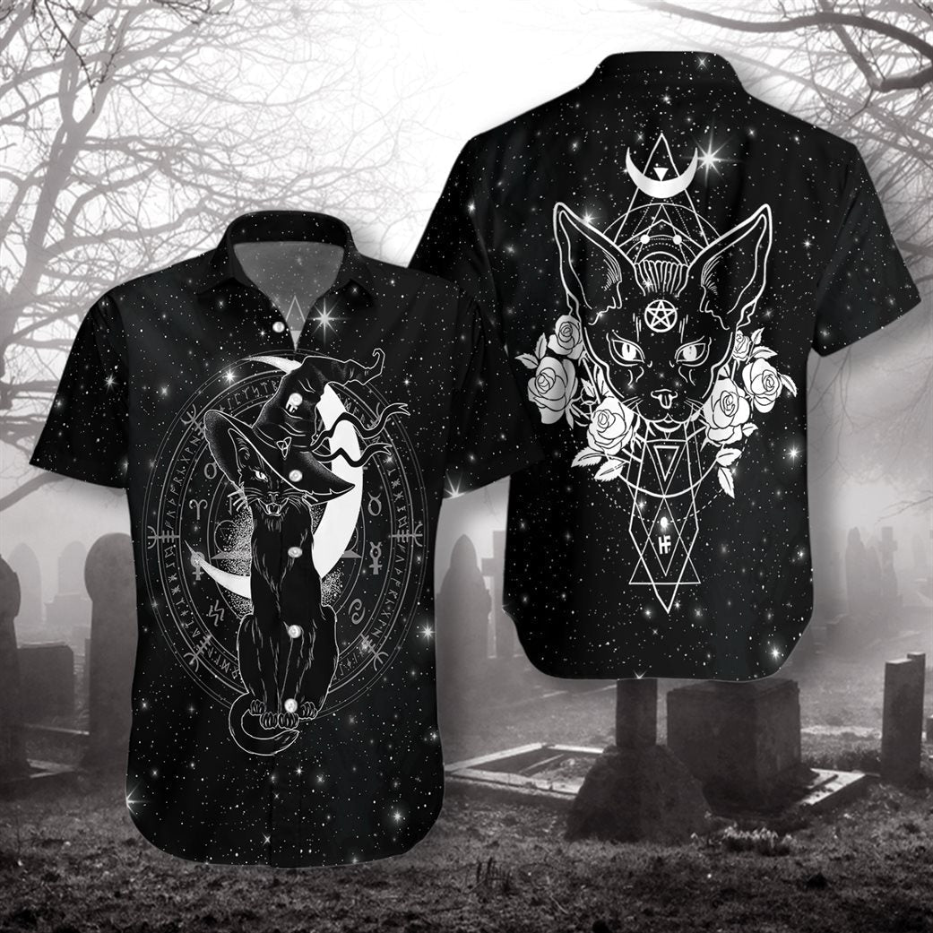 Halloween Wicca Black Cat- Aloha Hawaiian Shirts For Men & For Women Couples - HAW1469