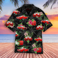 Black tropical Hawaiian shirt with red classic muscle cars, palm trees and pink hibiscus flowers on a beach deck